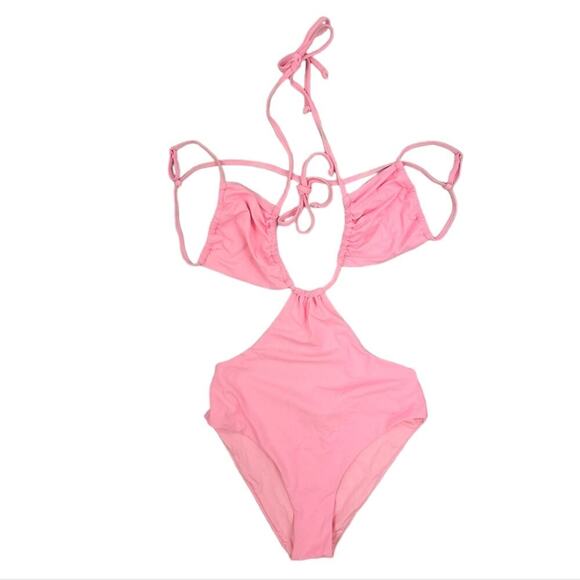 WeWoreWhat Cut Out One Piece Swimsuit Baby Pink Halter Runched Cup Tie - Picture 9 of 16